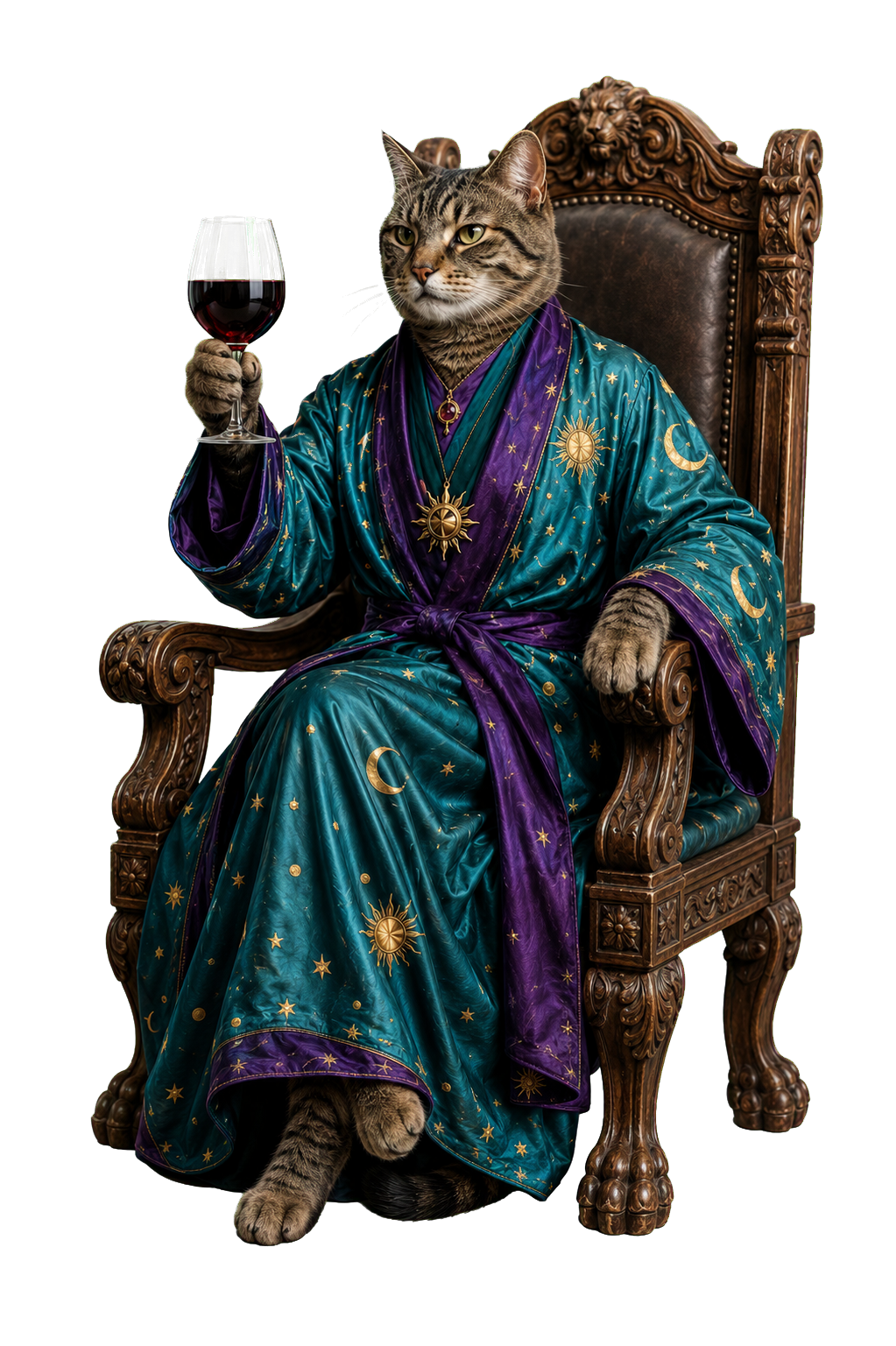 Arc, the Celestial Somm, seated on a carved chair and raising a glass of wine